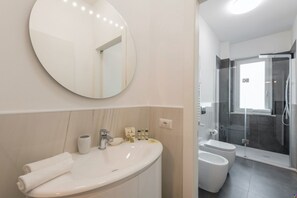 Regadera, secadora de cabello, bidet, toallas