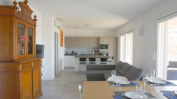 A modern kitchen with a dining area, a wooden cabinet, and a sofa.