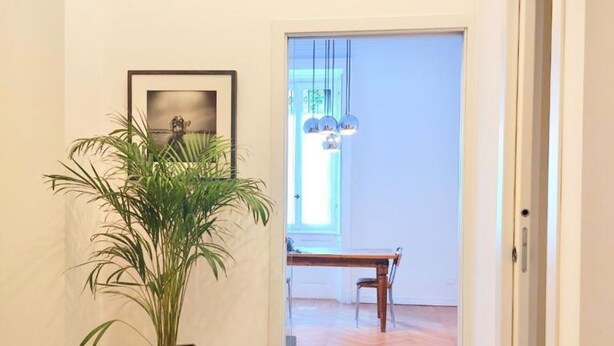 Un couloir avec une plante en pot, un tableau encadré au mur et une table à manger en bois, accompagnée de chaises.