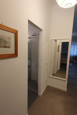 Un couloir orné d’un tableau encadré, une porte de douche en verre et un miroir qui reflète une chambre à coucher.