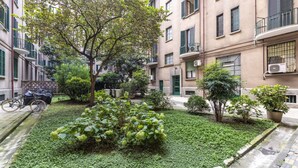A courtyard with a tree, a hedge, and a bicycle. - Venini 14 - Tra Centrale e Buenos Aires (Milano)