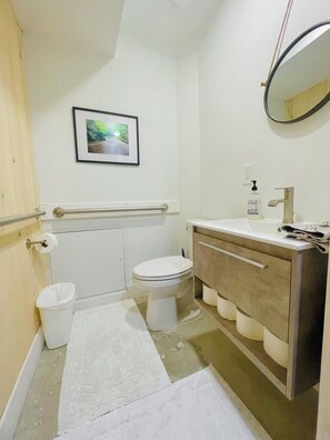 Shower, towels, soap, toilet paper