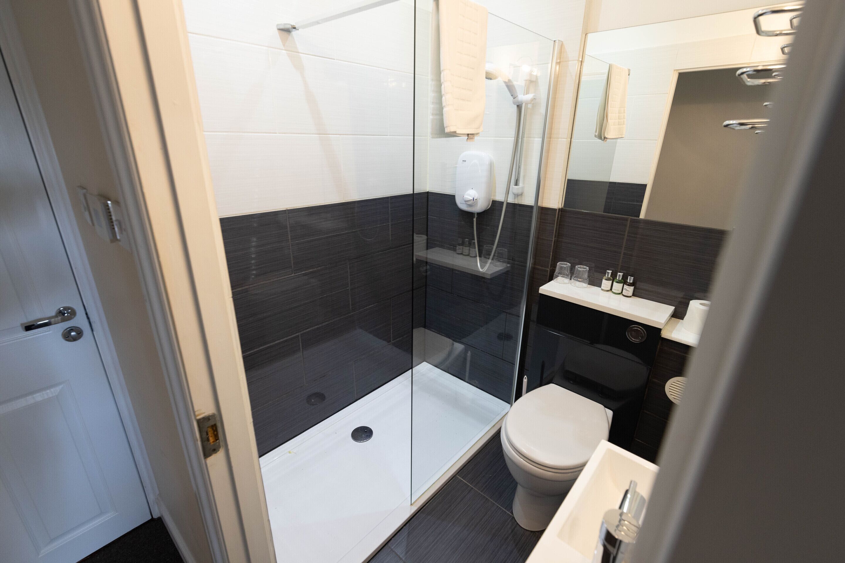 A modern bathroom with a glass-enclosed shower, a toilet, and a sink.