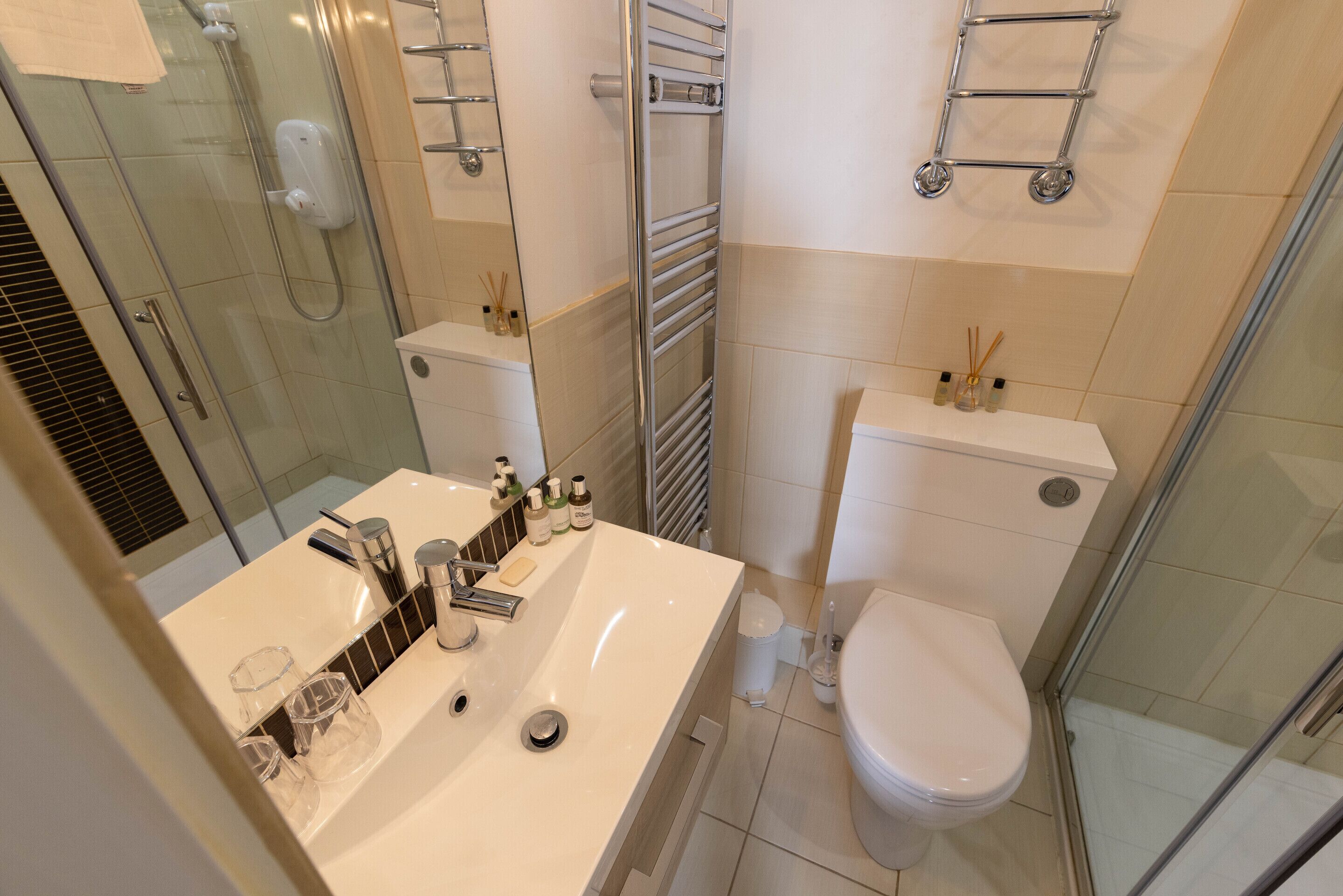 A modern bathroom with a glass shower enclosure, a white sink with a mirror, and a toilet.