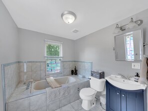 Hair dryer, towels, soap, shampoo