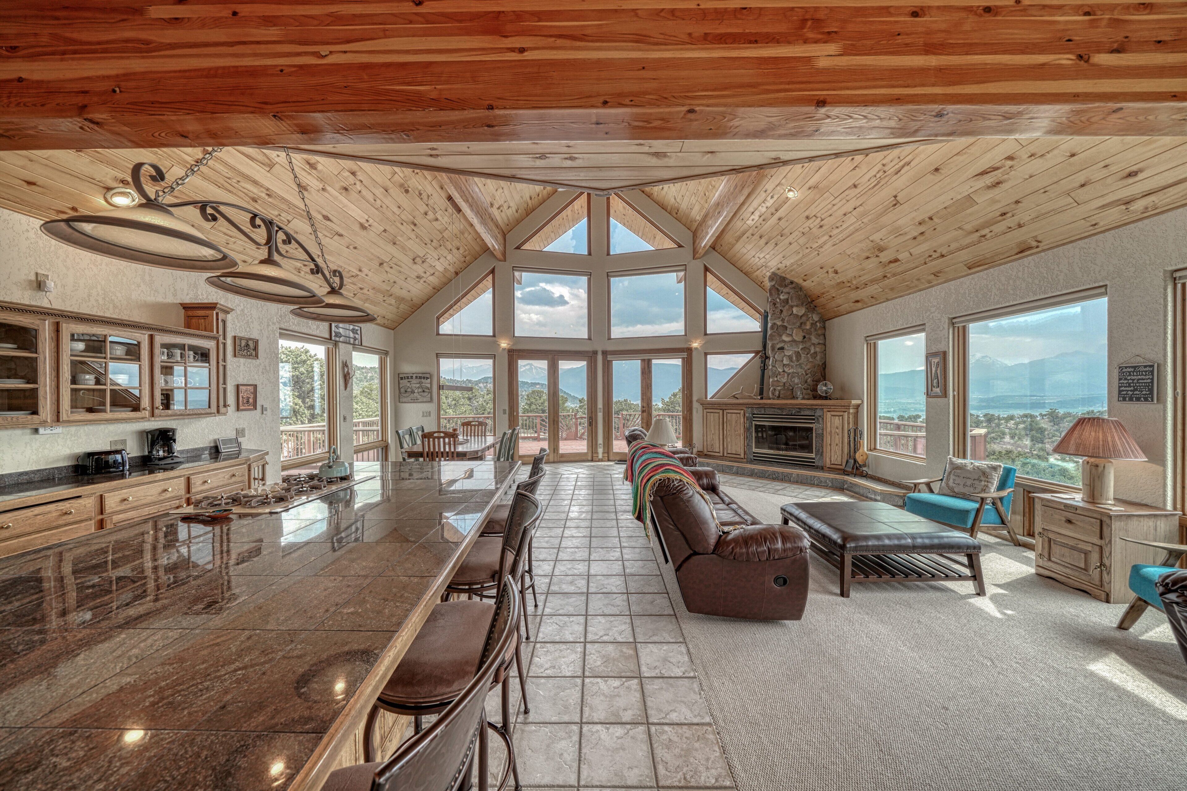 TV, fireplace, books, video library