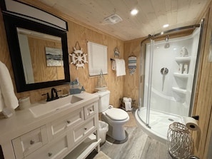 Hair dryer, towels, soap, shampoo