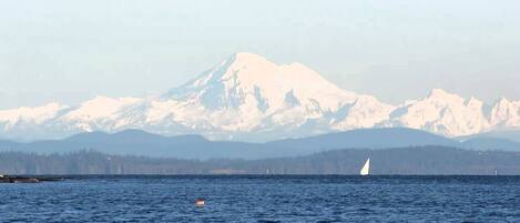 A view of a snow-capped mountain range across a body of water with a sailboat and a buoy.