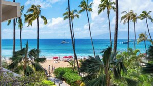 A beach view with palm trees, a clear sky, and boats on the water. - Soothing Ocean Sounds and Views (Lahaina)