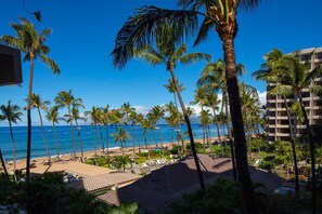 Relax by the ocean with a pool and lounge chairs, surrounded by palm trees and a modern building.