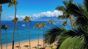 Vista sulla spiaggia con palme, una riva sabbiosa e barche nell'acqua.
