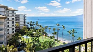 Un hotel con vista al océano y palmeras.