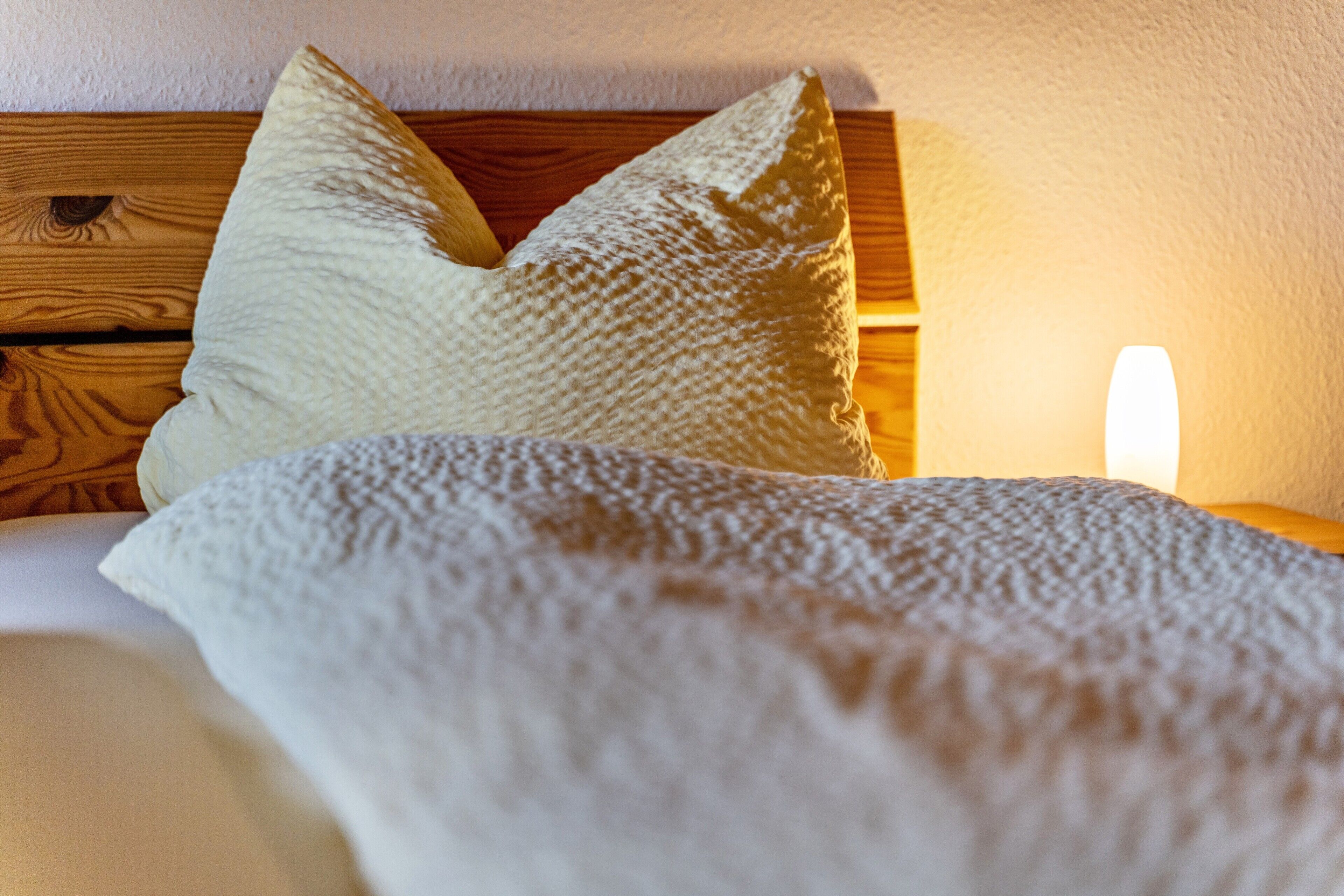 A bed with a white blanket and two pillows, a wooden headboard, and a bedside lamp.