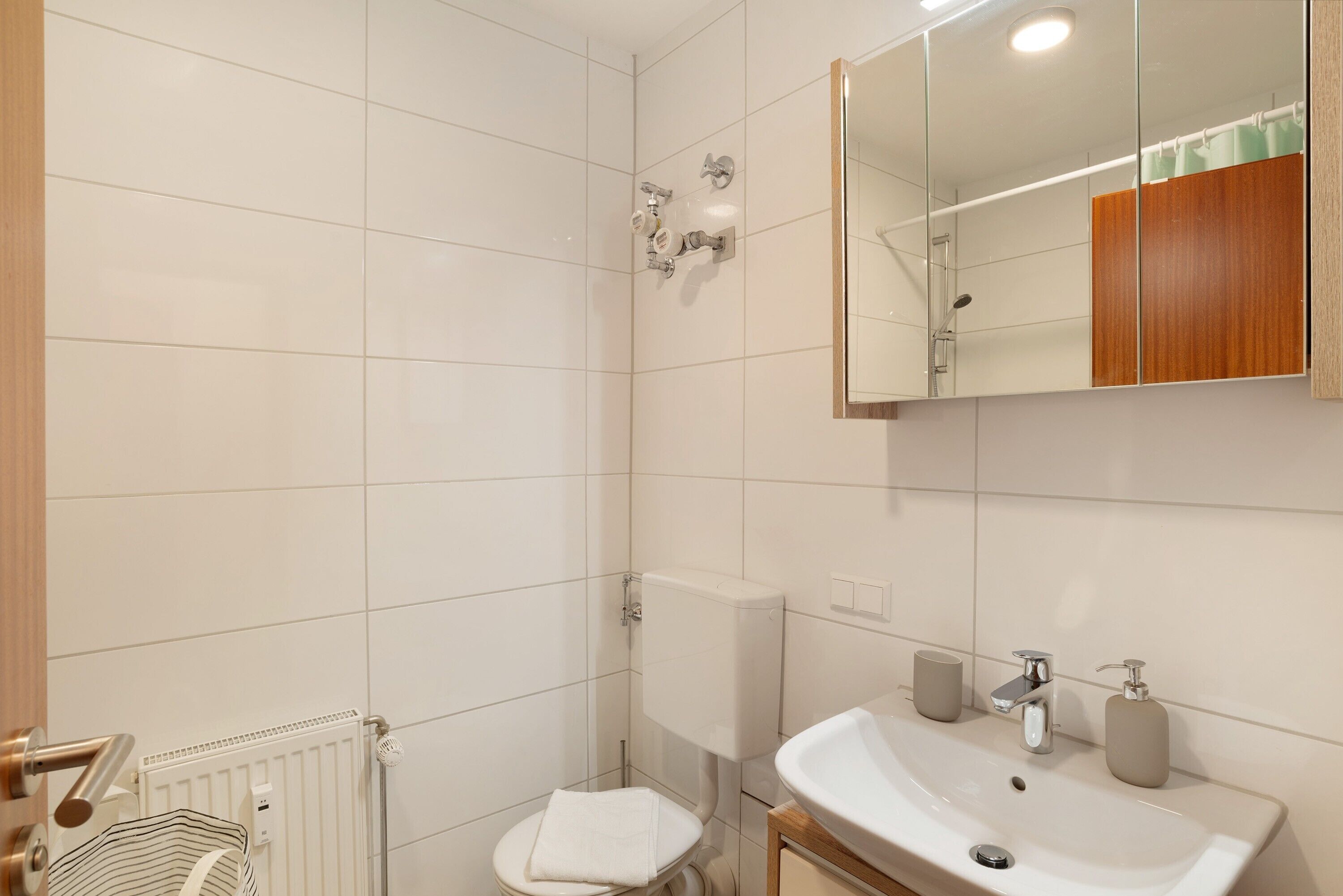 A bathroom with a white sink, a mirror, a shower, and a toilet.