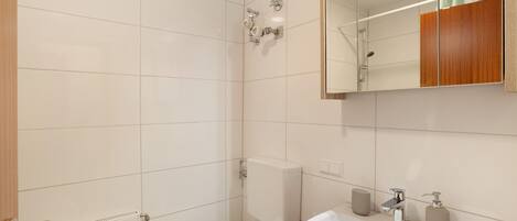 A bathroom with a white sink, a mirror, a shower, and a toilet.