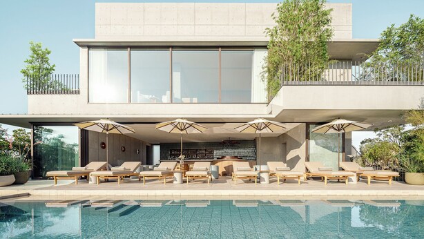 A modern two-story building with a pool area, outdoor seating, and a bar. - TRUNK HOTEL YOYOGI PARK (Tokyo)
