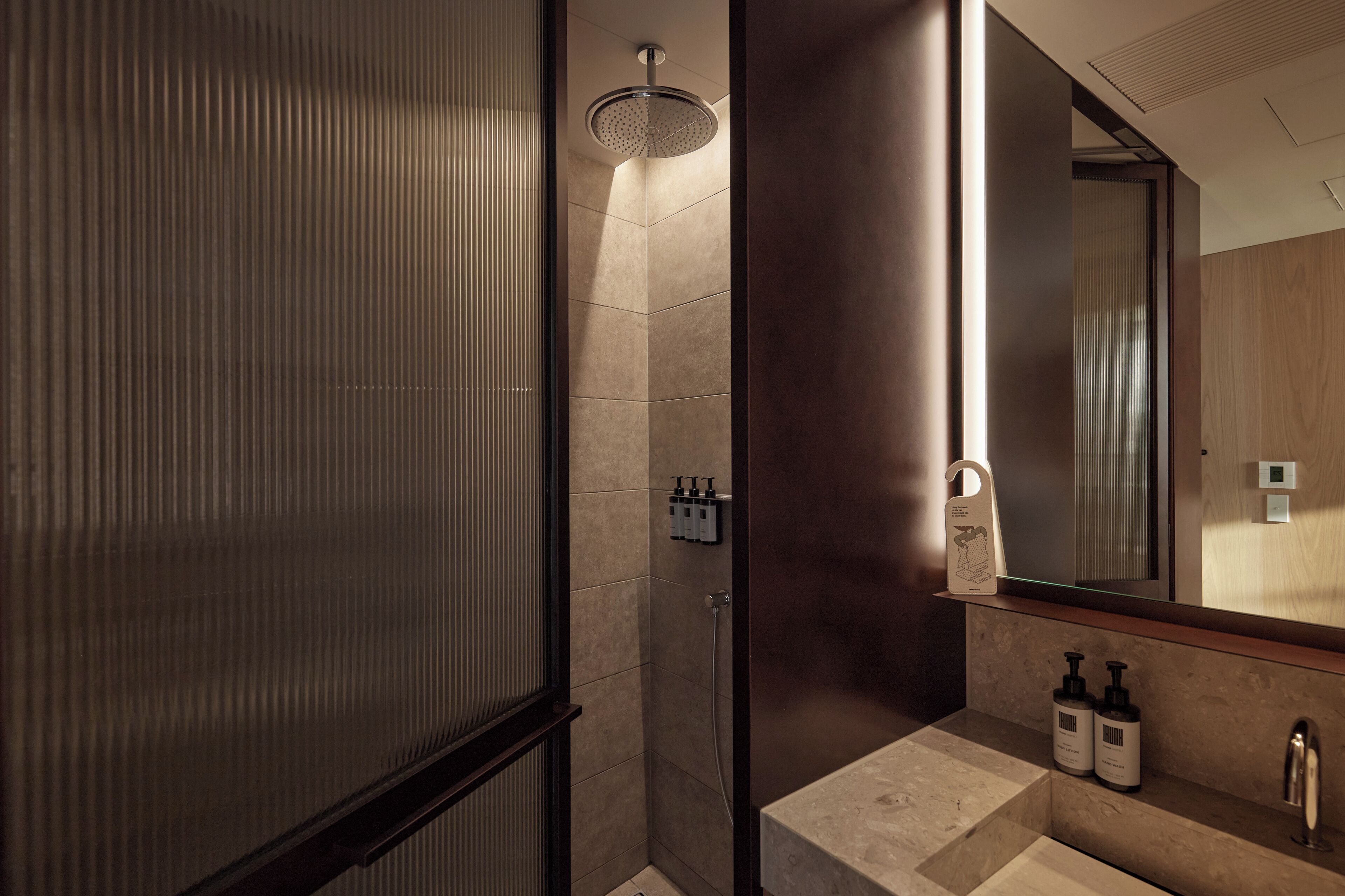 A modern bathroom with a shower, a large mirror, and a vanity with two bottles of shampoo.