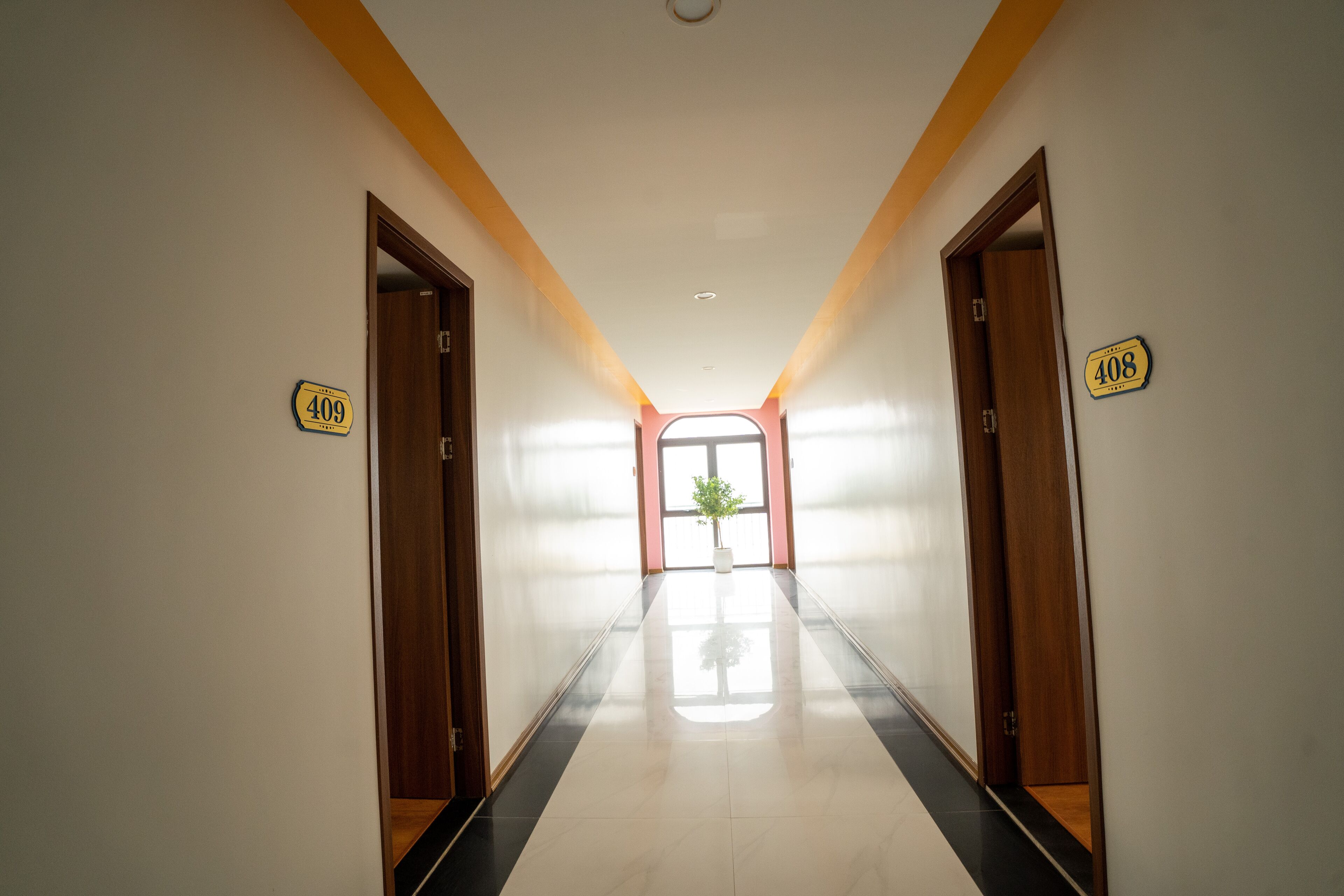 Un couloir avec les portes numérotées 409 et 408, qui donnent sur une pièce lumineuse où se trouve une plante.