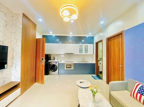 Desk, laptop workspace, blackout drapes, soundproofing - Sakura Apartment (Hai Phong)