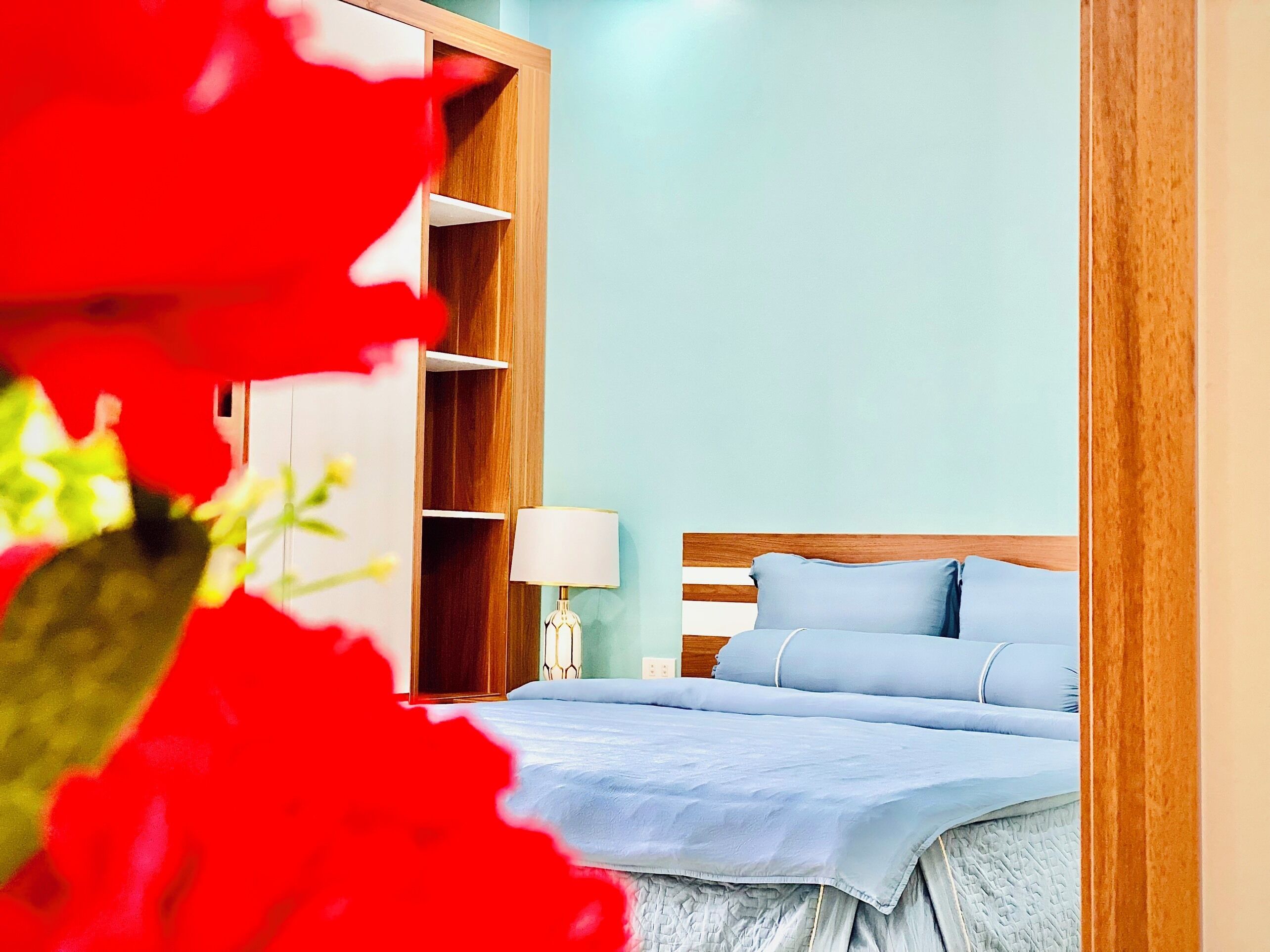 Desk, laptop workspace, blackout drapes, soundproofing