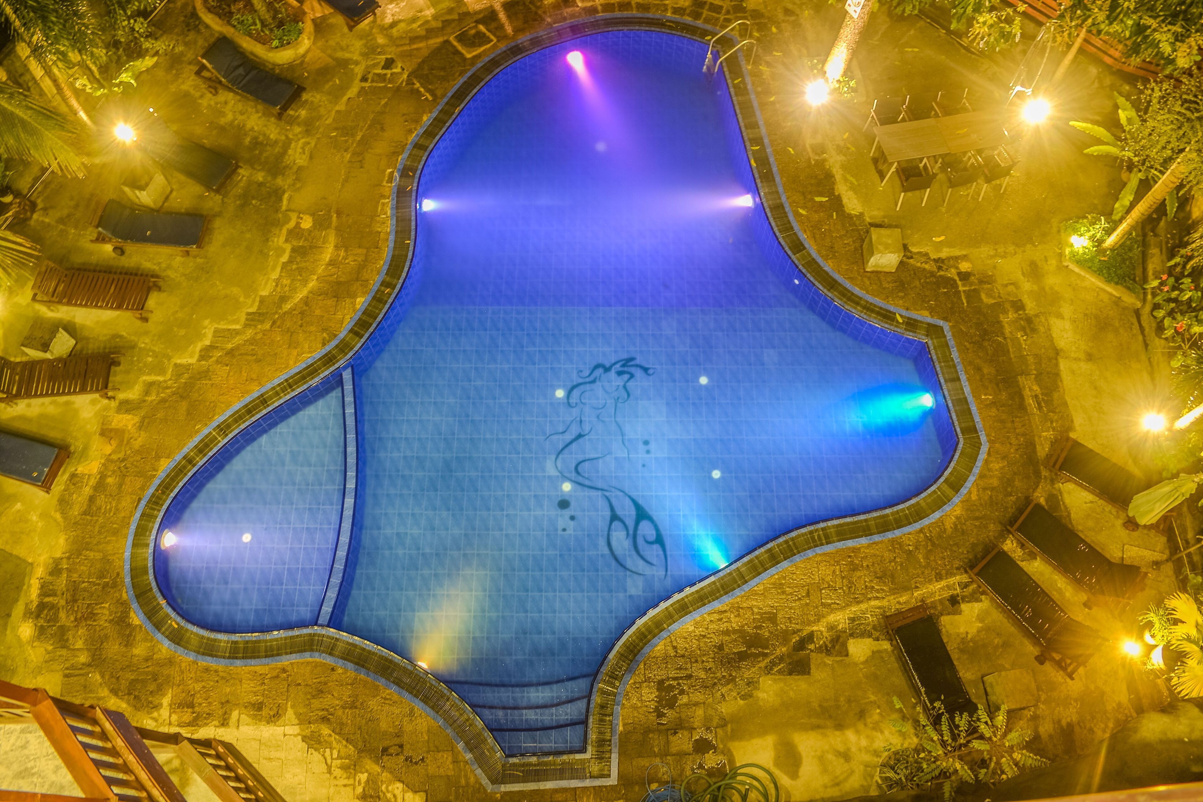 Outdoor pool, pool umbrellas, pool loungers