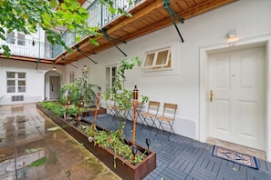 A courtyard with a wooden pergola, planters with greenery, a bench, and a door.