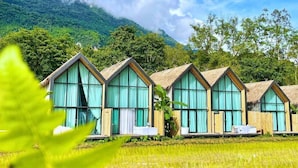 A row of thatched-roof cottages with large windows, set against a backdrop of lush greenery and mountains.