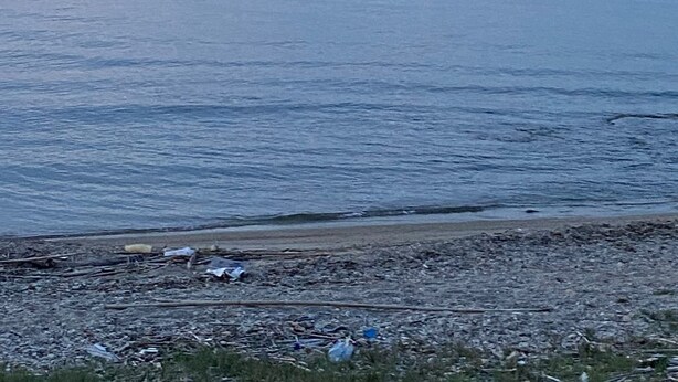 Una playa con costa rocosa y mar tranquilo bajo un cielo nublado.