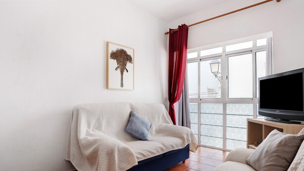 Een woonkamer met een bank, een televisie, een raam met gordijnen en een ingelijste foto aan de muur.
