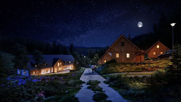A starry night scene with two wooden cabins and a pathway leading to them. - New apartment in the quiet of the Jizera Mountains (Smržovka)