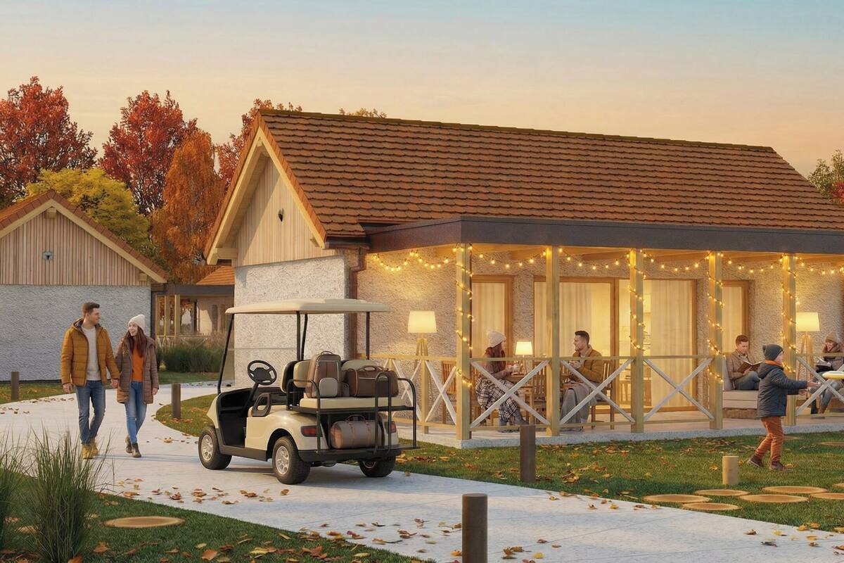 A building with a covered patio area, a golf cart, and people gathered around tables.