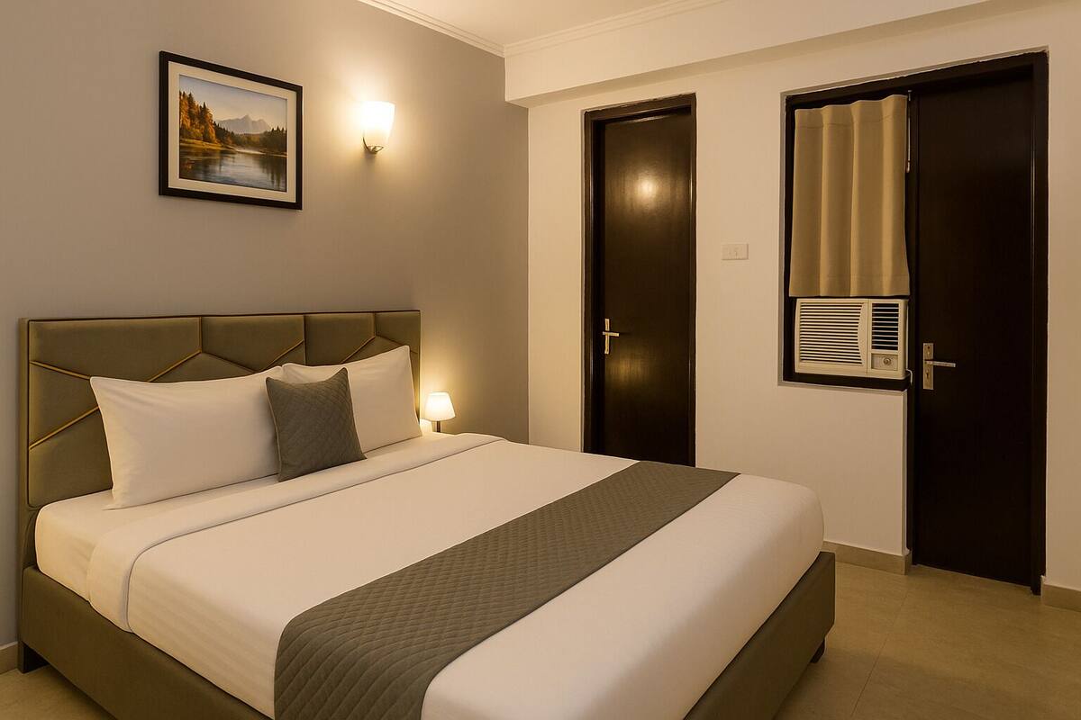 Ein Hotelzimmer mit Bett, Nachttisch, Wandlampe, einem gerahmten Bild, einer Tür und einem Fenster mit Vorhängen.
