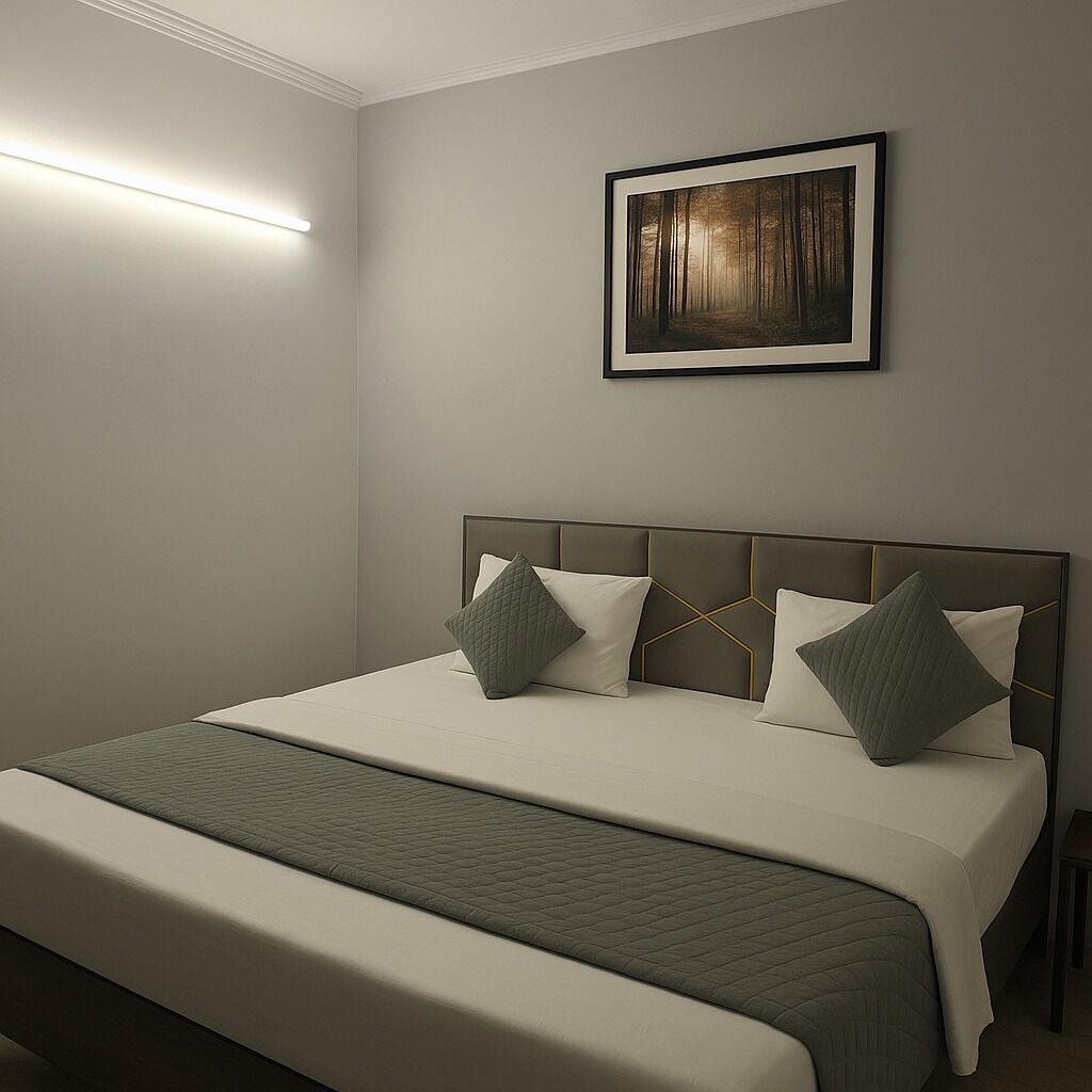 Een opgemaakt bed met hoofdbord, nachtkastje en een lijst met een afbeelding aan de muur.