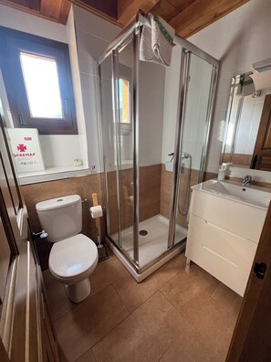 A bathroom with a glass-enclosed shower, a toilet, and a sink with a mirror.