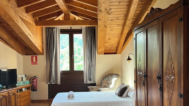 A bedroom with a wooden ceiling, a bed with a white bedspread, a wooden wardrobe, a television, and a fire extinguisher. - HOUSE IN THE VILLAGE OF CIRIEÑO (Cirieño- Amieva)