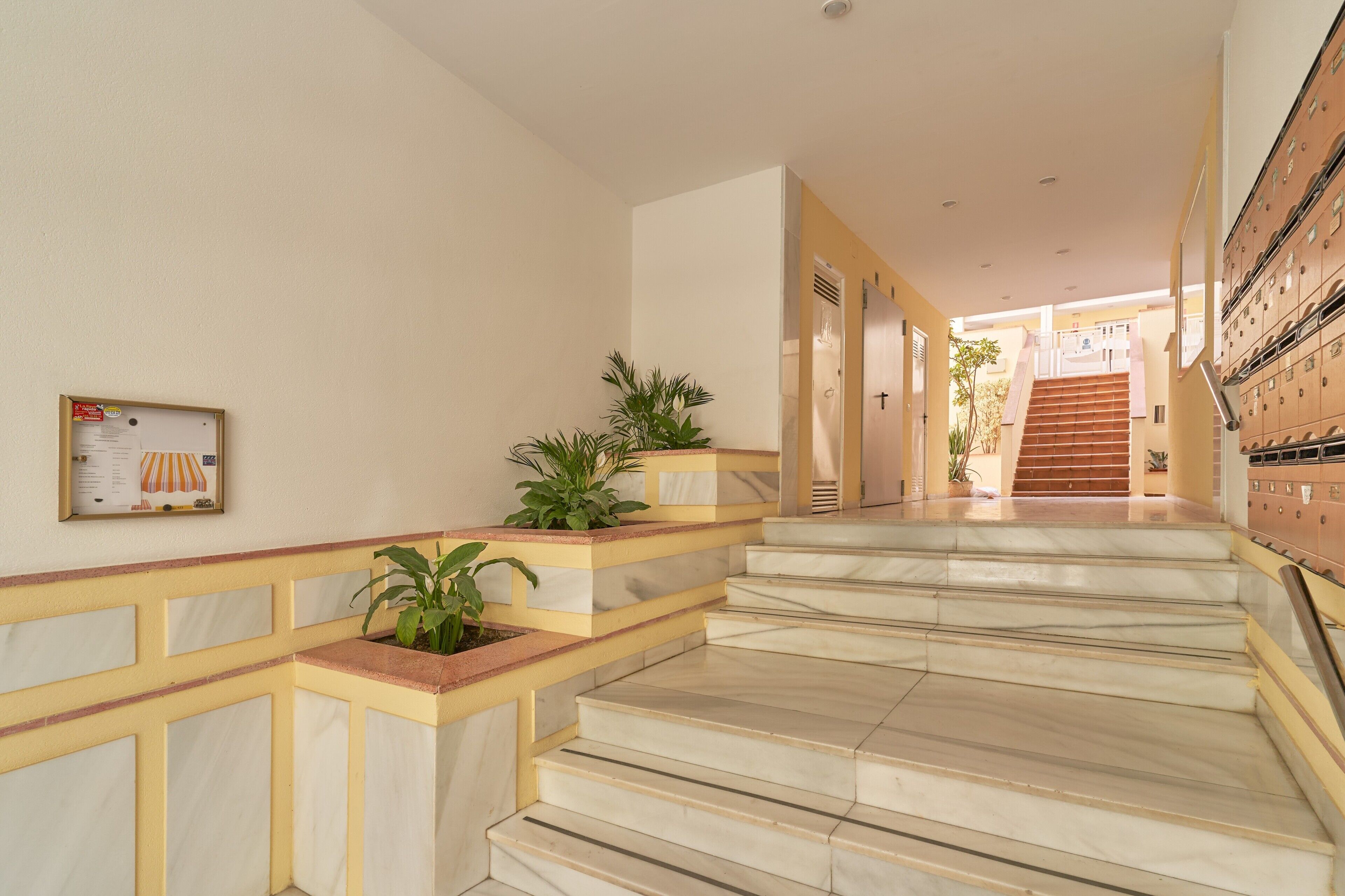 A marble staircase with a yellow handrail, potted plants, and a framed menu on the wall.