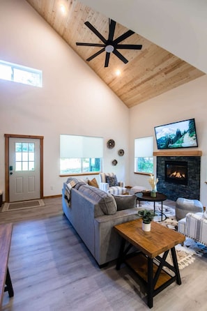 Smart TV, chimenea y libros 