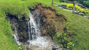 Paisaje natural con una cascada pequeña, abundante vegetación y una cerca de madera.
