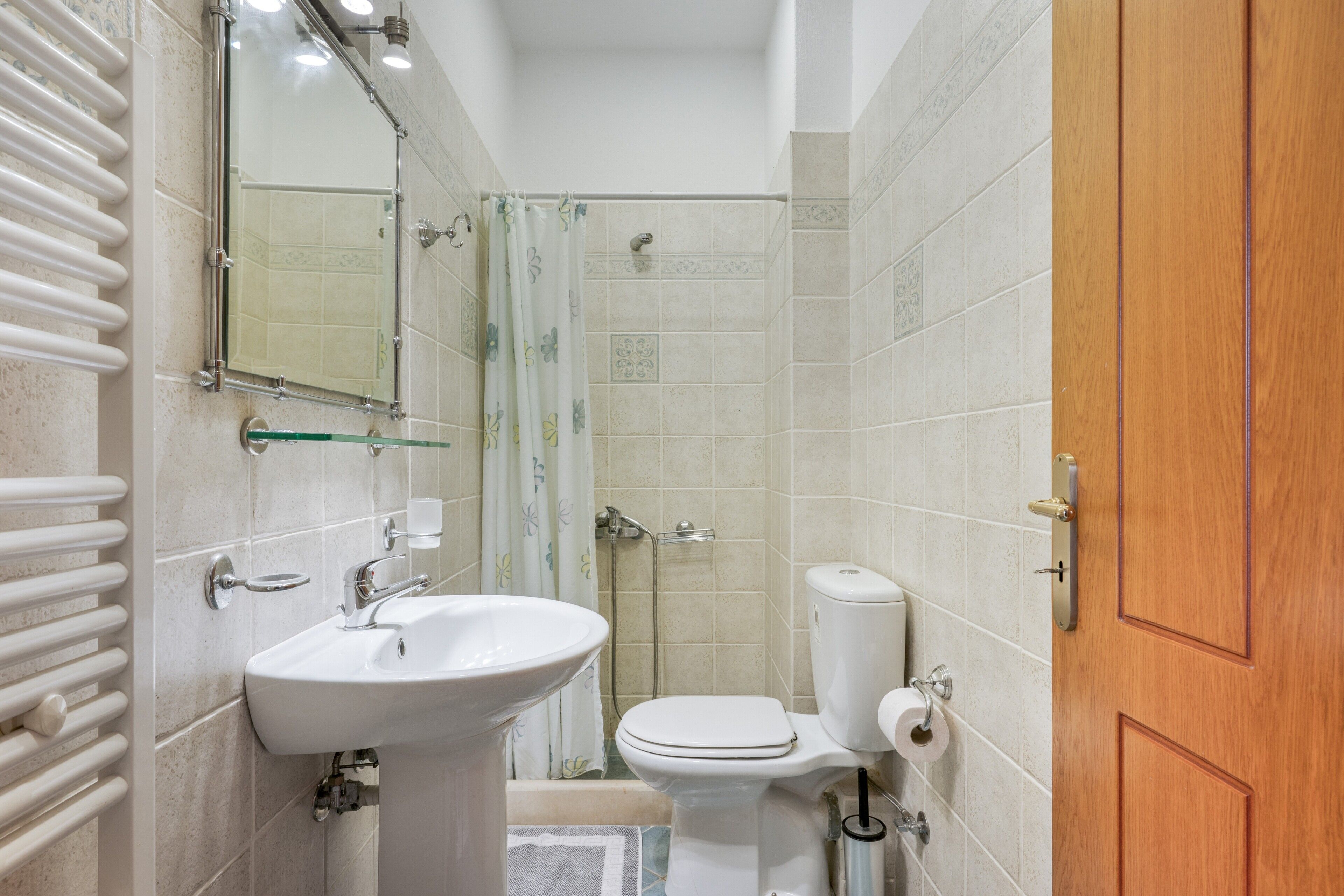 Un bagno con lavandino, WC, doccia e una porta in legno.