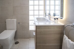 Ducha, secador de pelo, toallas y jabón