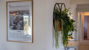 A framed photograph of Kiama, New South Wales, Australia, with a hanging plant beside it. - Halcyon– Breathtaking ocean views (Kiama Heights)