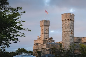 Un castillo con dos torres destacadas, una bandera en la torre más alta y un paisaje circundante con árboles.
