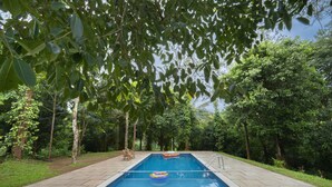 Une piscine rectangulaire avec un escalier, entourée d’une terrasse dallée et d’une végétation luxuriante.