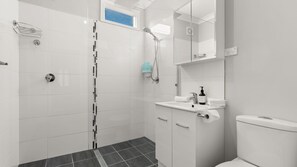 Shower, hair dryer, towels