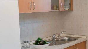 A kitchen with wooden cabinets, a stainless steel sink, and a small potted plant on the countertop. - A5 Beachfront apt With a Balcony and sea View (Podstrana)