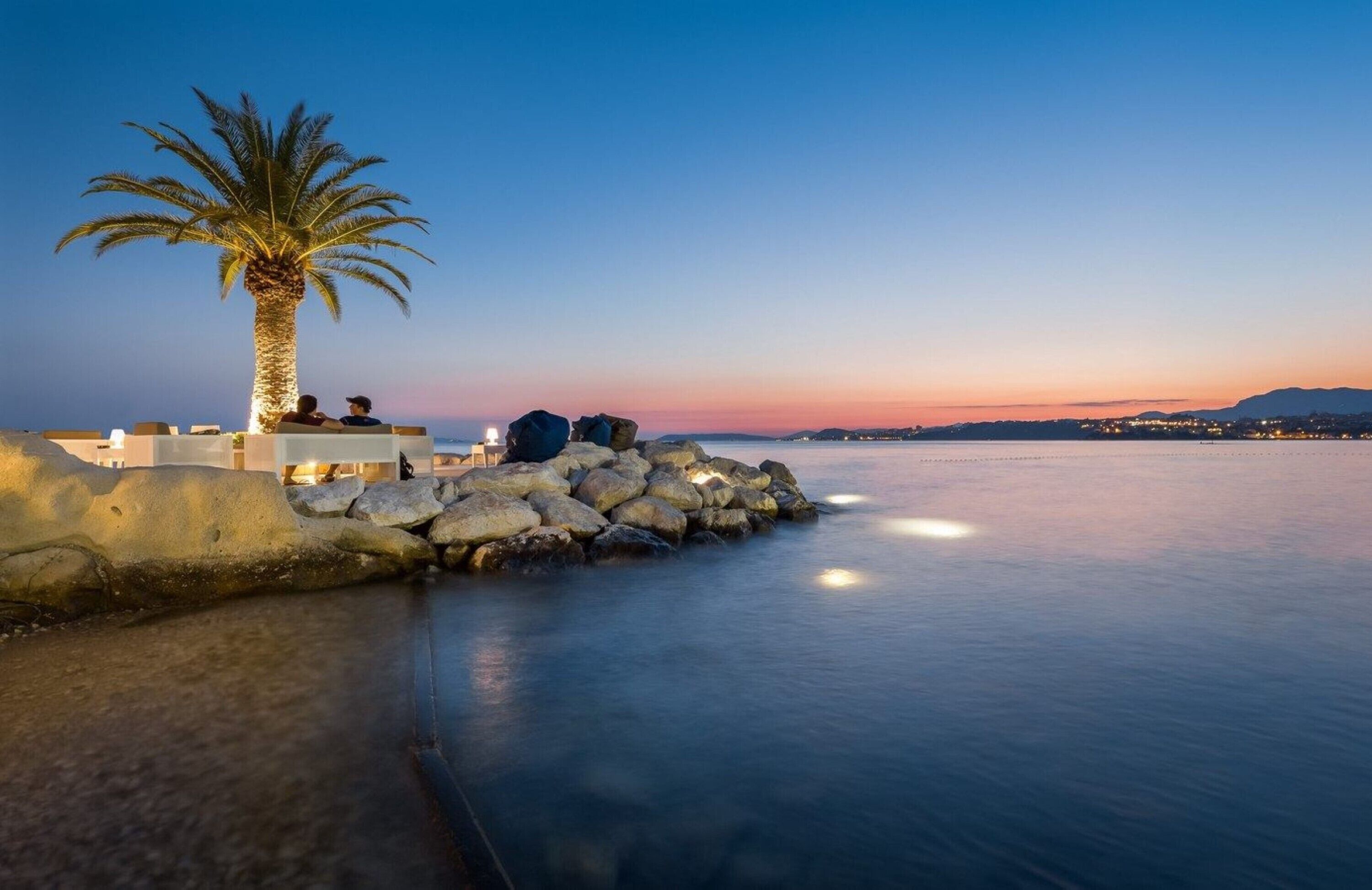 A calm waterfront scene with a palm tree, a stone wall, and a view of the sea at dusk.