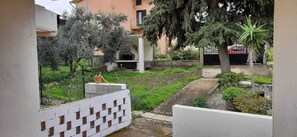 A courtyard with a brick wall, a potted plant, and a small garden area.