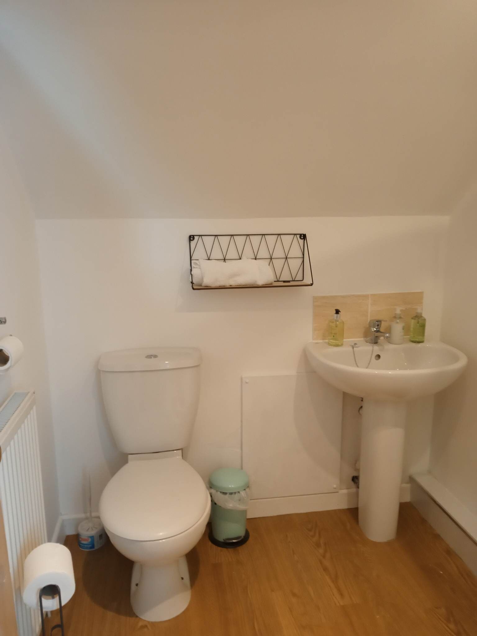 Un baño con inodoro, lavamanos, cubo de basura y toallero.