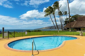 Une piscine à bord incurvé, entourée d’une clôture, donnant sur une zone verdoyante avec des palmiers et offrant une vue sur l’océan.