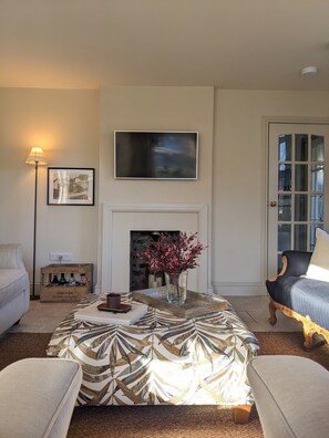 Smart TV, fireplace, books, stereo
